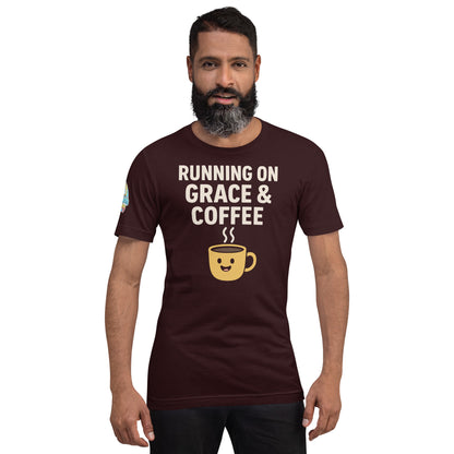Running on Grace & Coffee – funny Christian t-shirt, oxblood black, faith-based humor design by ReBirth Living