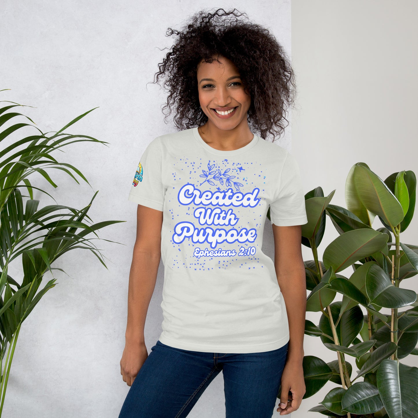 Created with Purpose unisex Christian t-shirt (XS–5XL) – Ephesians 2:10 KJV scripture design, silver, faith-based apparel by ReBirth Living