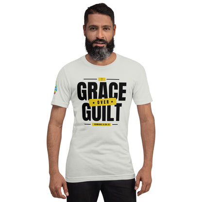 A Person is wearing a Grace Over Guilt Christian unisex t-shirt – Romans 5:20–21 KJV scripture design, silver, faith-based apparel by ReBirth Living