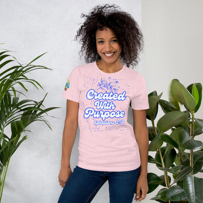Created with Purpose unisex Christian t-shirt (XS–5XL) – Ephesians 2:10 KJV scripture design, soft pink, faith-based apparel by ReBirth Living