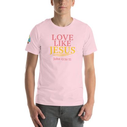 Product mockupA person is wearing a Love Like Jesus Christian t-shirt – bold faith graphic tee for men and women, pink, unisex design by ReBirth Living