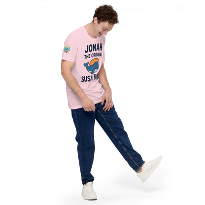 Model wearing “Jonah the Original Sushi Roll” – funny Christian unisex t-shirt, soft pink, Bible humor design with blue whale carrying sushi by ReBirth Living