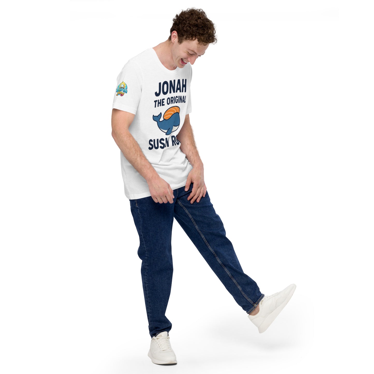 Model wearing “Jonah the Original Sushi Roll” – funny Christian unisex t-shirt, white, Bible humor design with blue whale carrying sushi by ReBirth Living