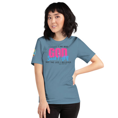 I Am Who God Says I Am unisex Christian t-shirt – John 8:31–32 KJV scripture design, steel blue, faith-based apparel by ReBirth Living