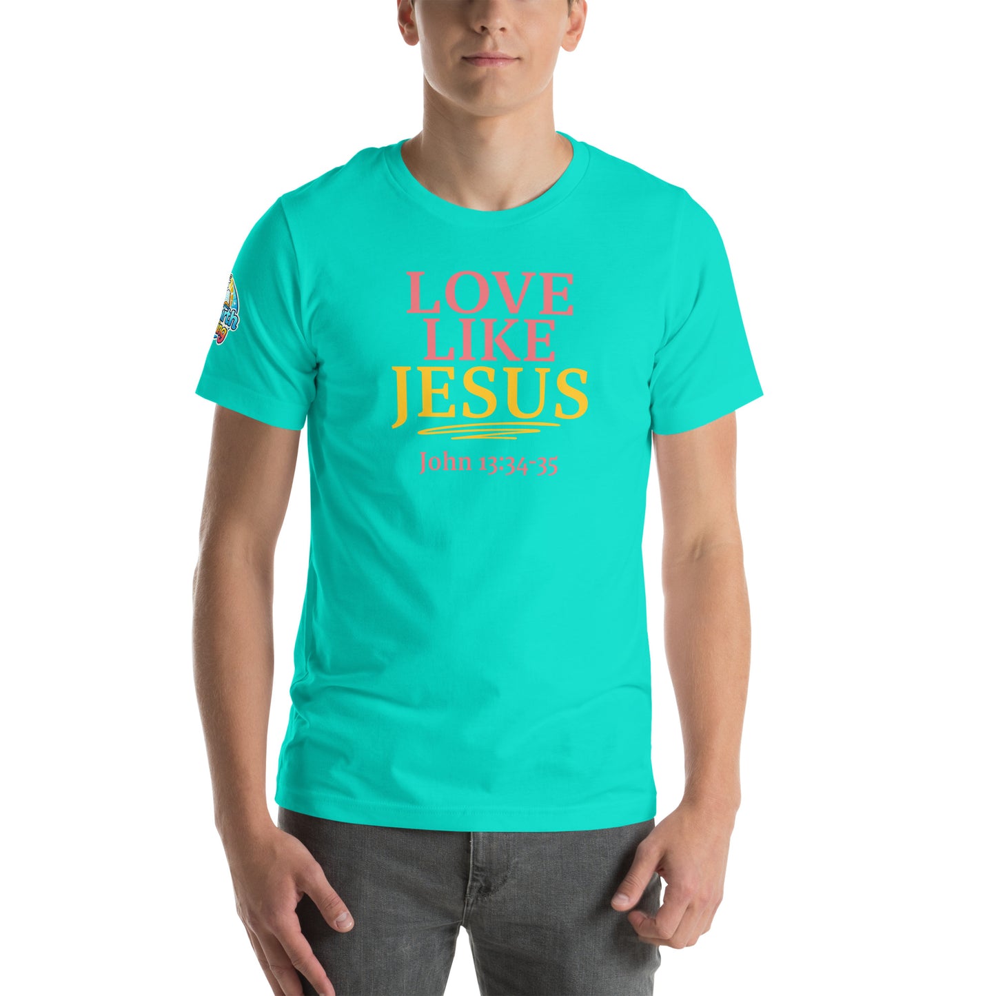 Product mockupA person is wearing a Love Like Jesus Christian t-shirt – bold faith graphic tee for men and women, teal, unisex design by ReBirth Living
