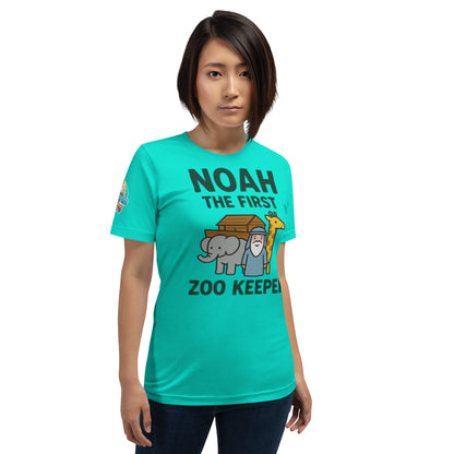 Model wearing a Noah the First Zoo Keeper – funny Christian t-shirt, teal, Bible humor animal design by ReBirth Living