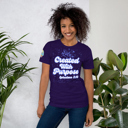 Created with Purpose unisex Christian t-shirt (XS–5XL) – Ephesians 2:10 KJV scripture design, purple, faith-based apparel by ReBirth Living