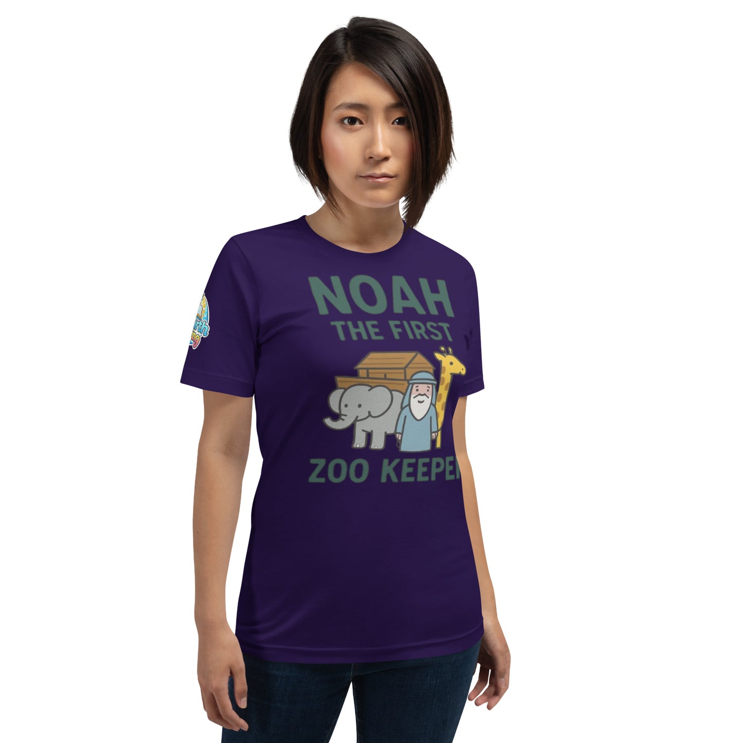 Model wearing a Noah the First Zoo Keeper – funny Christian t-shirt, team purple, Bible humor animal design by ReBirth Living
