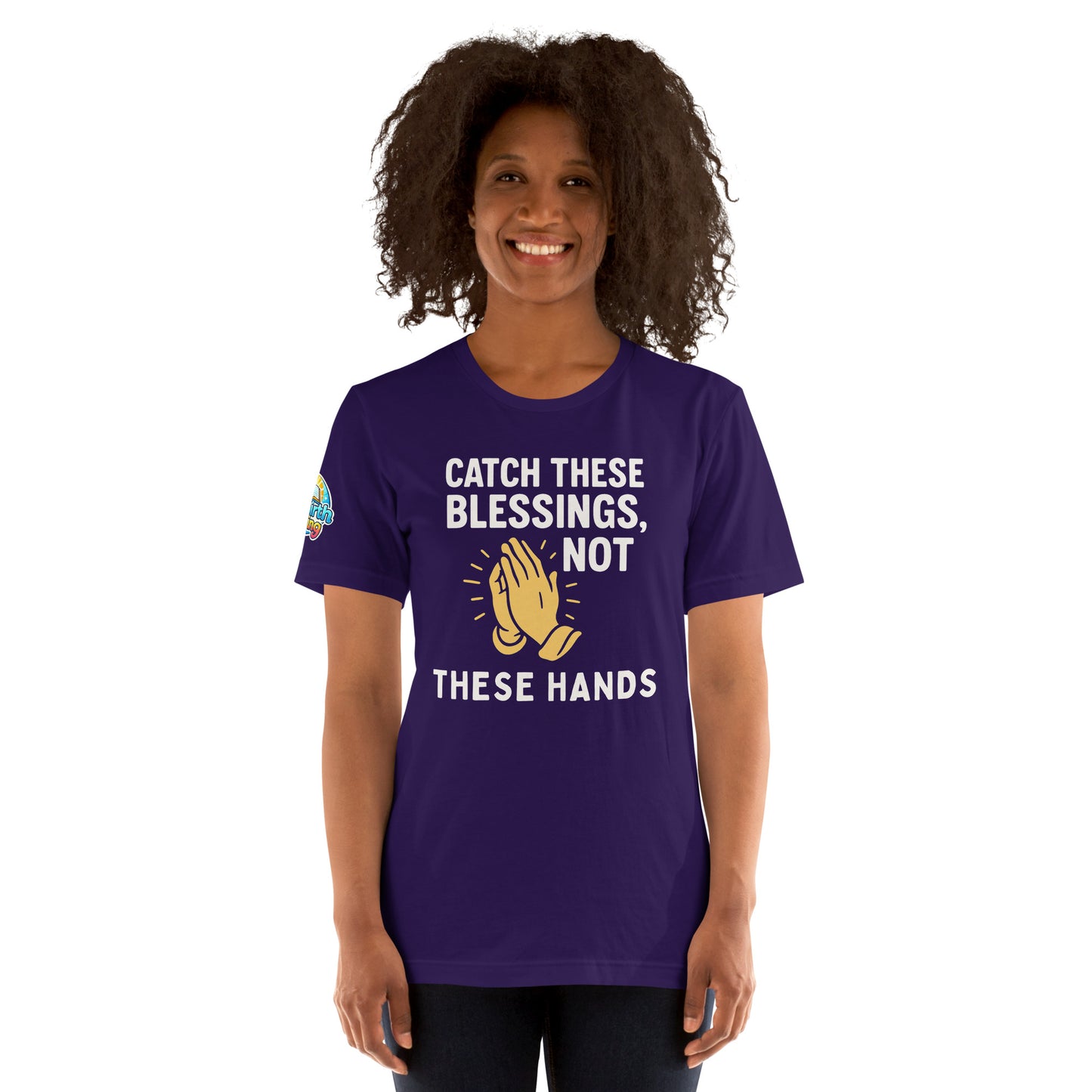 Model showcasing a Catch These Blessings, Not These Hands – funny Christian t-shirt, team purple, faith-based humor design by ReBirth Living