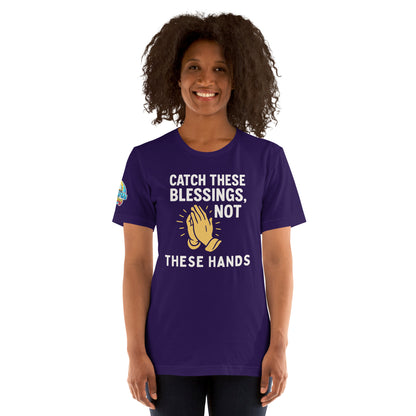 Model showcasing a Catch These Blessings, Not These Hands – funny Christian t-shirt, team purple, faith-based humor design by ReBirth Living