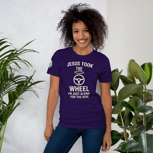 Jesus Took the Wheel – I’m Just Along for the Ride – funny Christian t-shirt, purple, faith humor design by ReBirth Living