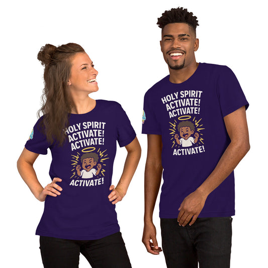 Models showcasing the Holy Spirit Activate! Activate! – funny Christian t-shirt, purple, brown skin character design by ReBirth Living