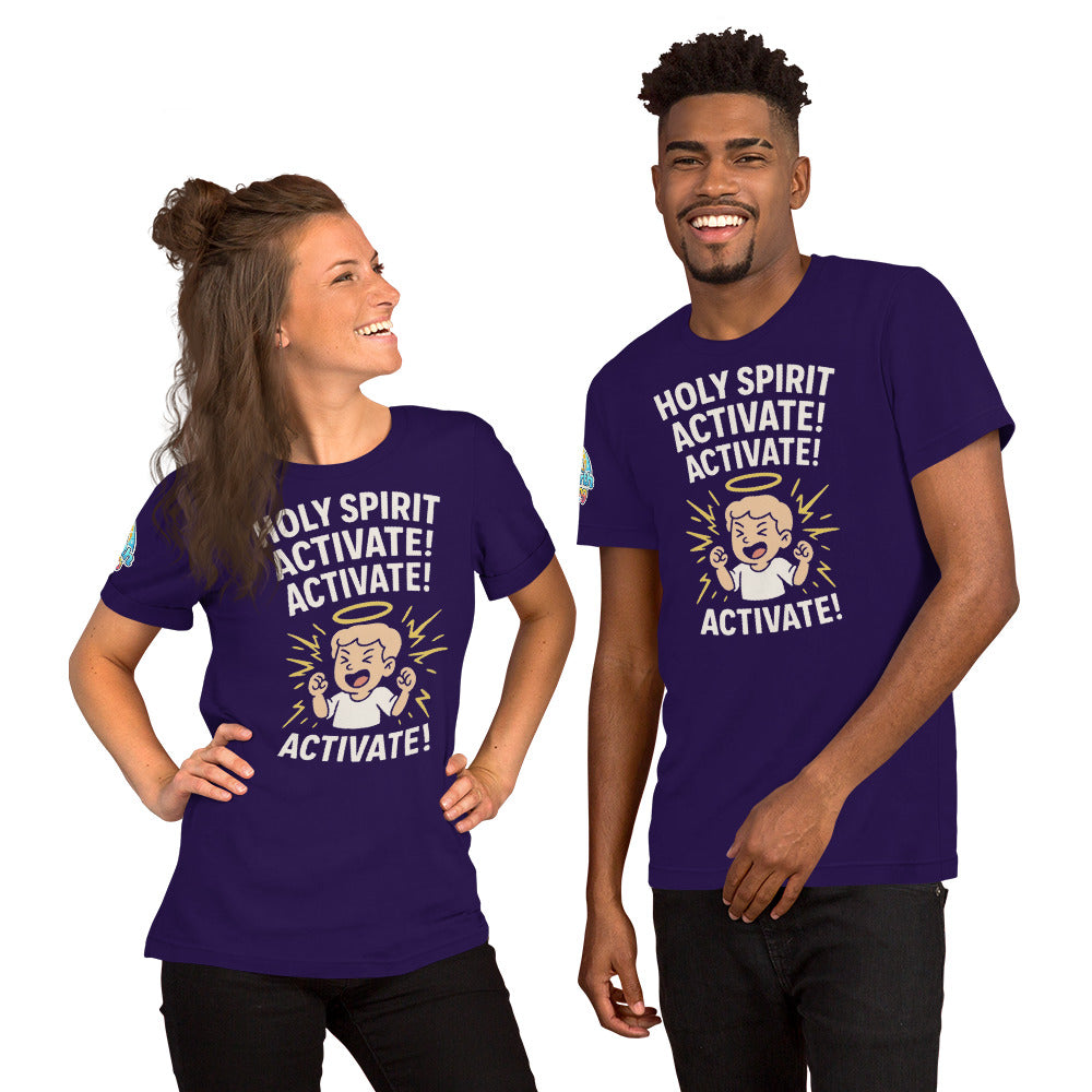 Models showcasing the Holy Spirit Activate! Activate! – funny Christian t-shirt, purple, light skin character design by ReBirth Living