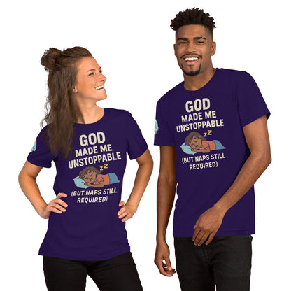 Models showcasing a God Made Me Unstoppable (But Naps Still Required) – funny Christian t-shirt, purple, brown skin character design by ReBirth Living