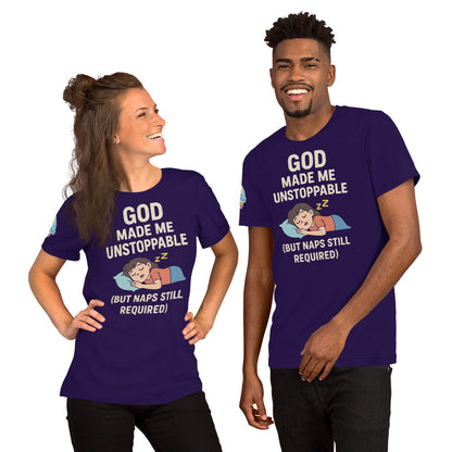 God Made Me Unstoppable (But Naps Still Required) – funny Christian t-shirt, purple, light skin character design by ReBirth Living