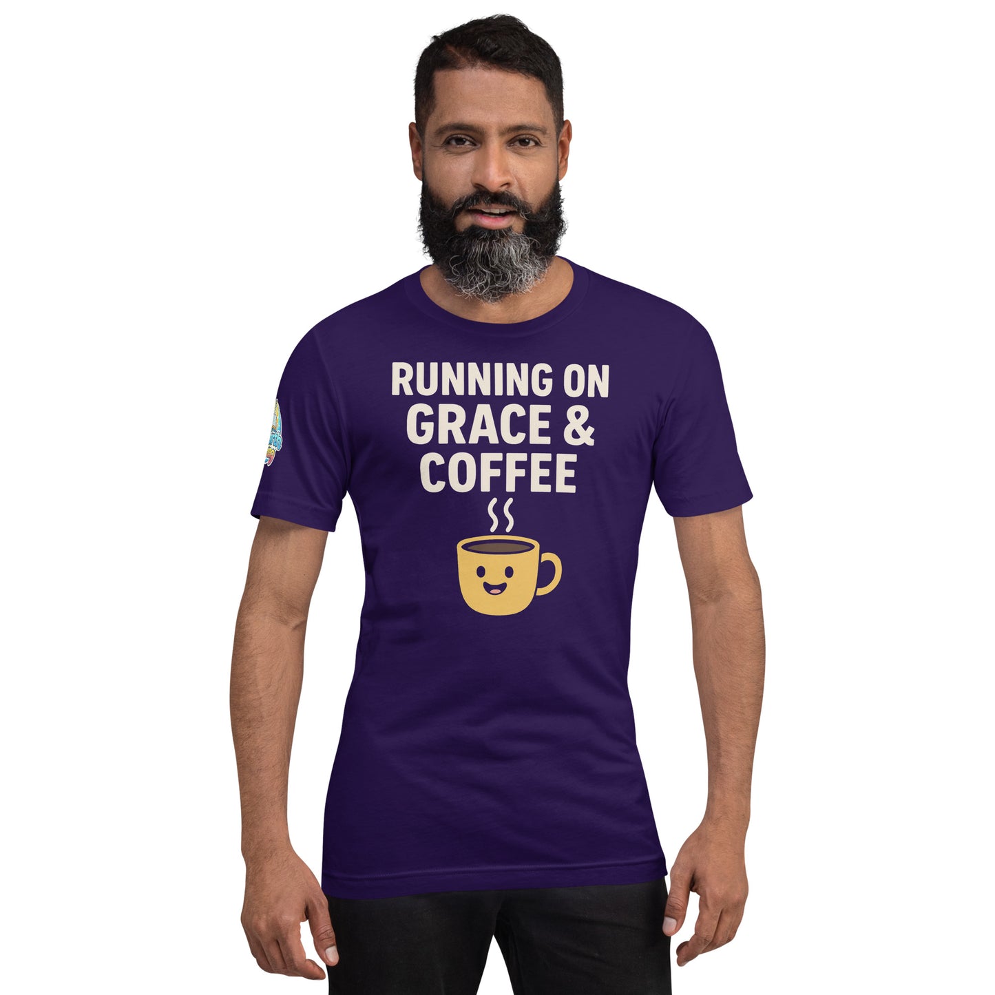 Running on Grace & Coffee – funny Christian t-shirt, purple, faith-based humor design by ReBirth Living