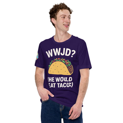 WWJD? (He Would Eat Tacos) – funny Christian t-shirt, purple, with humorous faith-based design by ReBirth Living