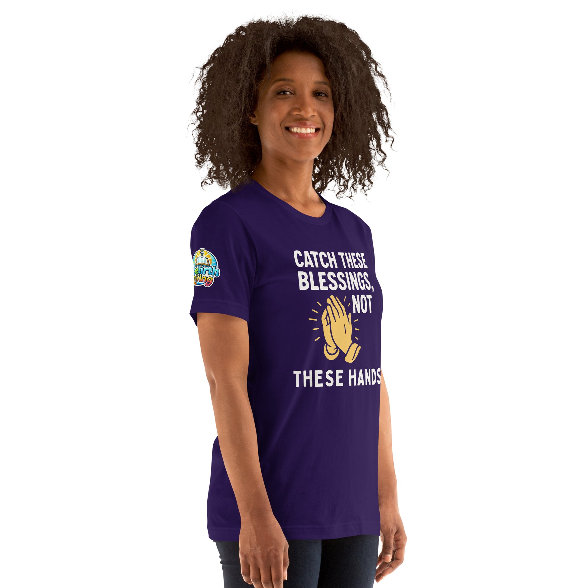 Model showcasing a Catch These Blessings, Not These Hands – funny Christian t-shirt, team purple, faith-based humor design by ReBirth Living