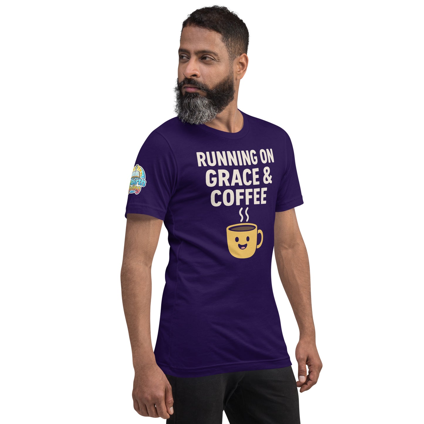 Running on Grace & Coffee – funny Christian t-shirt, purple, faith-based humor design by ReBirth Living