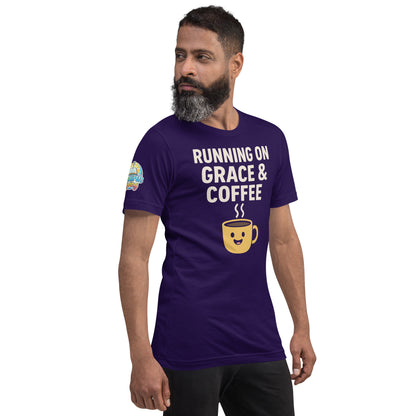 Running on Grace & Coffee – funny Christian t-shirt, purple, faith-based humor design by ReBirth Living