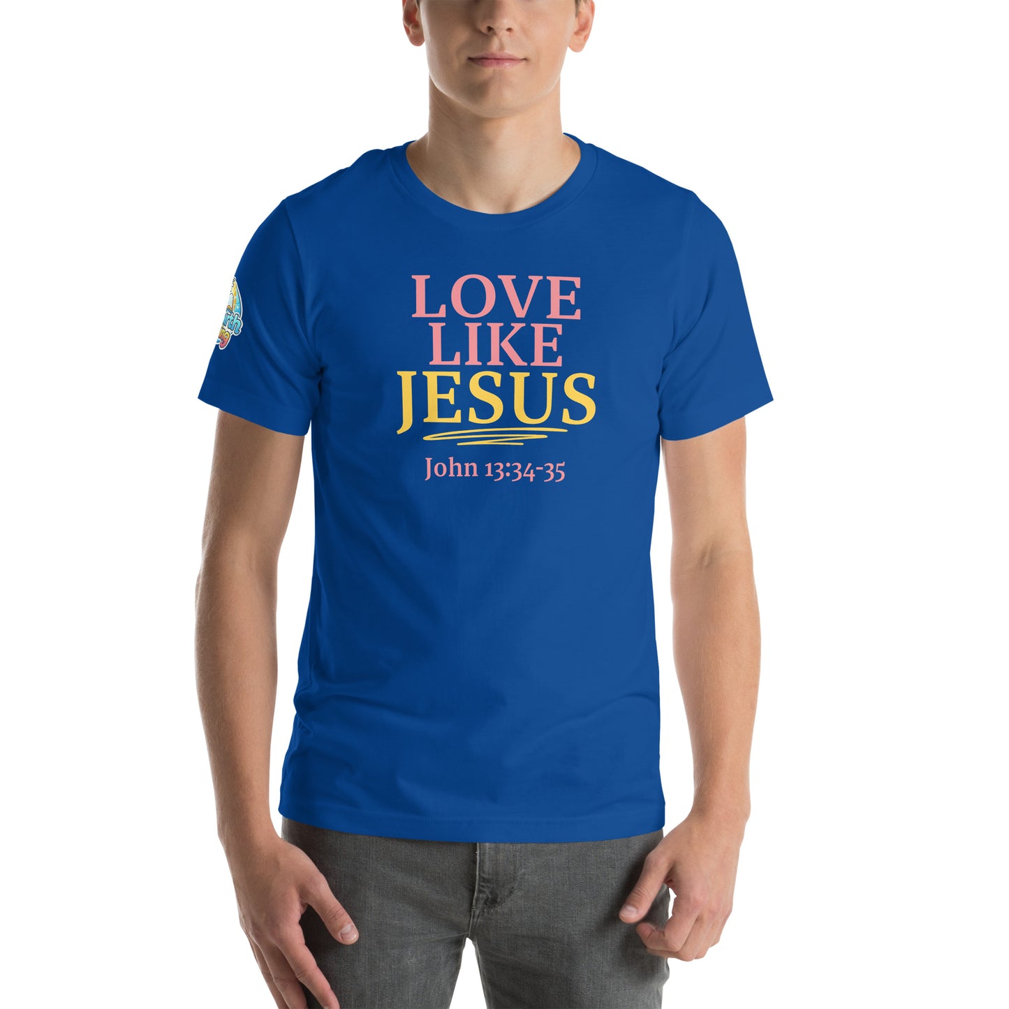 A person is wearing a Love Like Jesus Christian t-shirt – bold faith graphic tee for men and women, true royal, unisex design by ReBirth Living