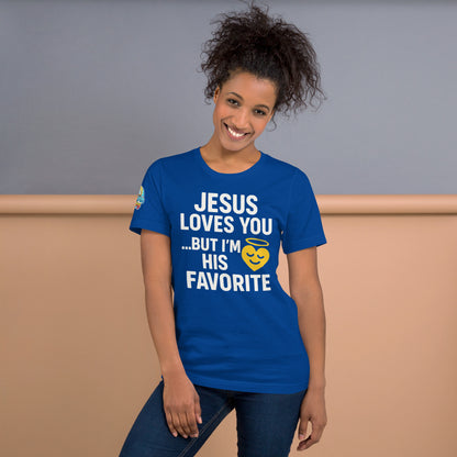 Model wearing “Jesus Loves You… But I’m His Favorite” – funny Christian t-shirt, true royal blue, faith humor design with golden smiling heart and halo by ReBirth Living