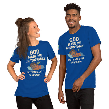 Models showcasing a God Made Me Unstoppable (But Naps Still Required) – funny Christian t-shirt, true royal, brown skin character design by ReBirth Living