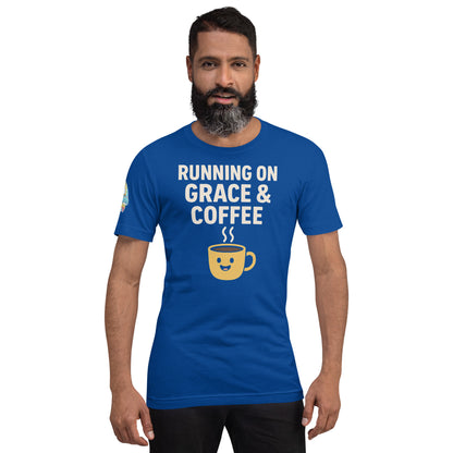 Running on Grace & Coffee – funny Christian t-shirt, true royal, faith-based humor design with a smiling coffee mug by ReBirth Living