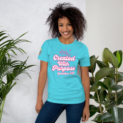 Person wearing a Created with Purpose unisex Christian t-shirt – scripture-inspired faith-based apparel, turquoise, XS–5XL by ReBirth Living