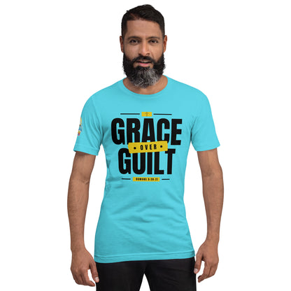 A Person is wearing a Grace Over Guilt Christian unisex t-shirt – Romans 5:20–21 KJV scripture design, turquoise, faith-based apparel by ReBirth Living
