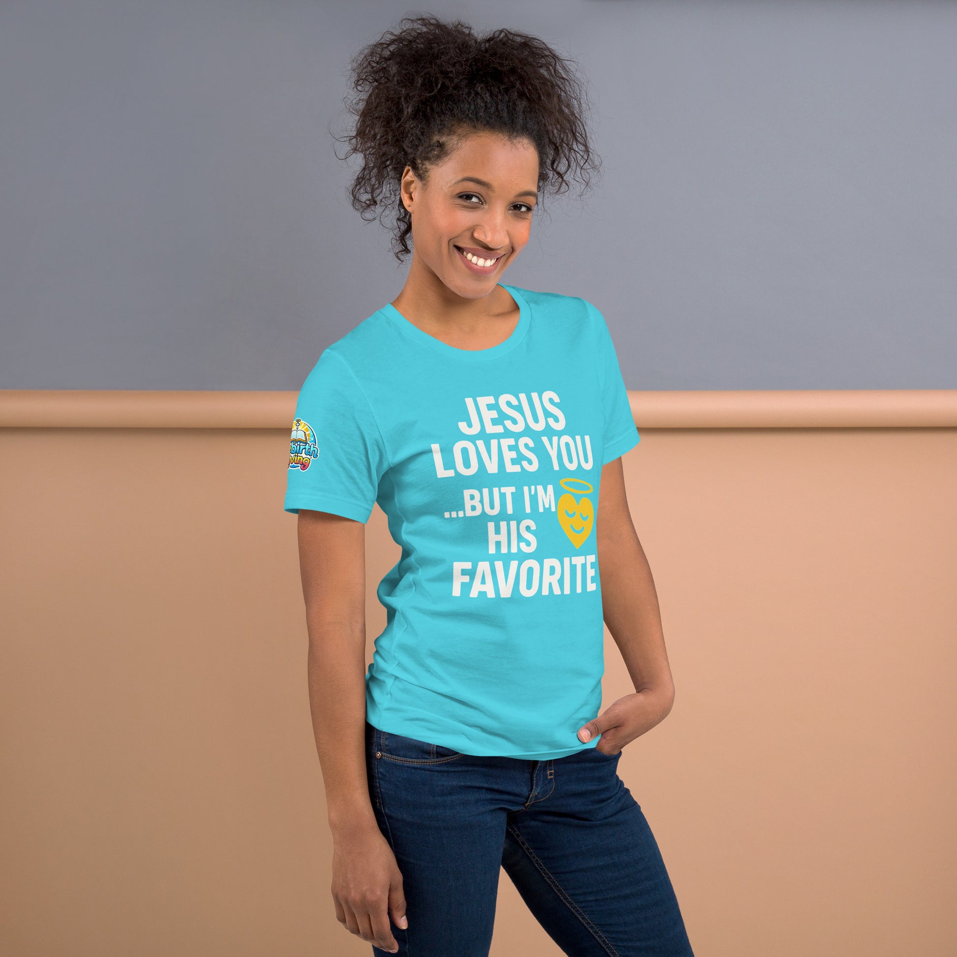 Model wearing “Jesus Loves You… But I’m His Favorite” – funny Christian t-shirt, turquoise, faith humor design with golden smiling heart and halo by ReBirth Living