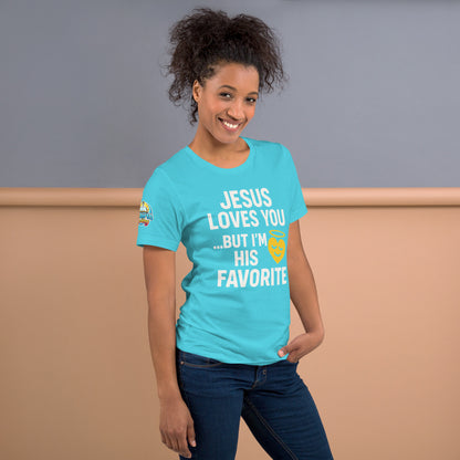 Model wearing “Jesus Loves You… But I’m His Favorite” – funny Christian t-shirt, turquoise, faith humor design with golden smiling heart and halo by ReBirth Living