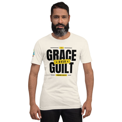 A Person is wearing a Grace Over Guilt Christian unisex t-shirt – Romans 5:20–21 KJV scripture design, vintage white, faith-based apparel by ReBirth Living