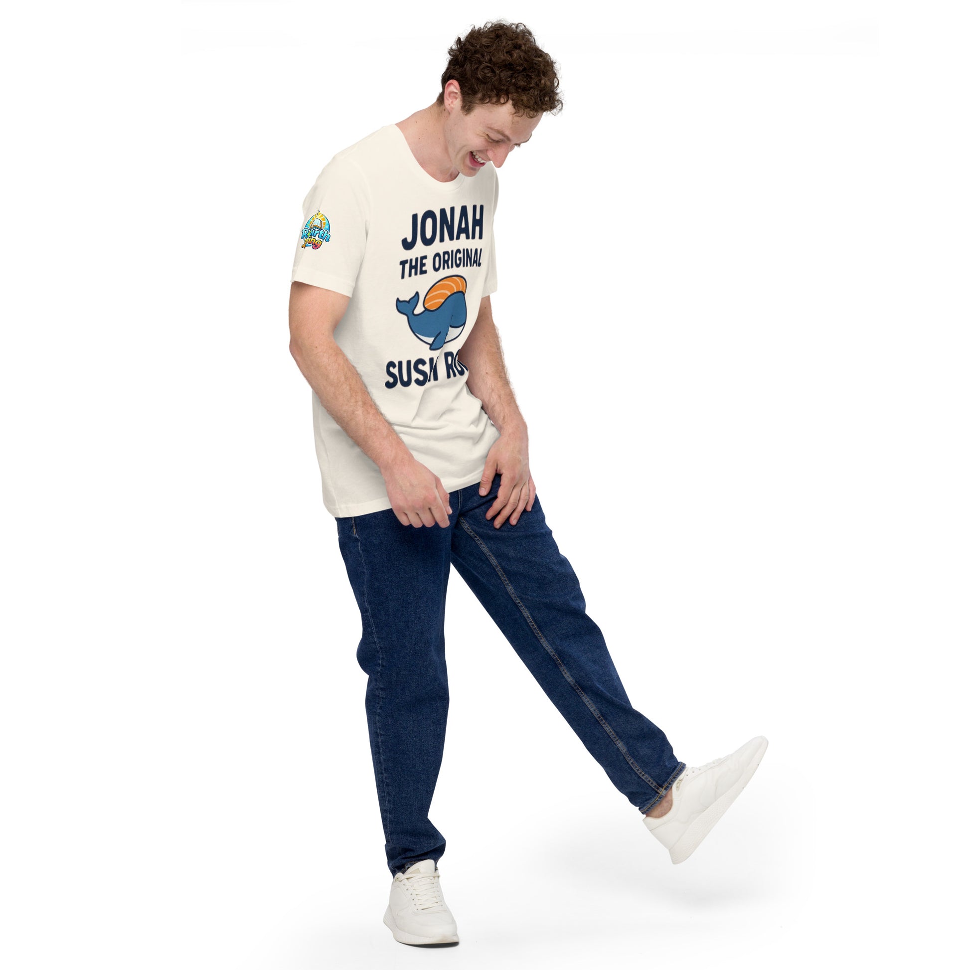 Model wearing “Jonah the Original Sushi Roll” – funny Christian unisex t-shirt, vintage white, Bible humor design with blue whale carrying sushi by ReBirth Living