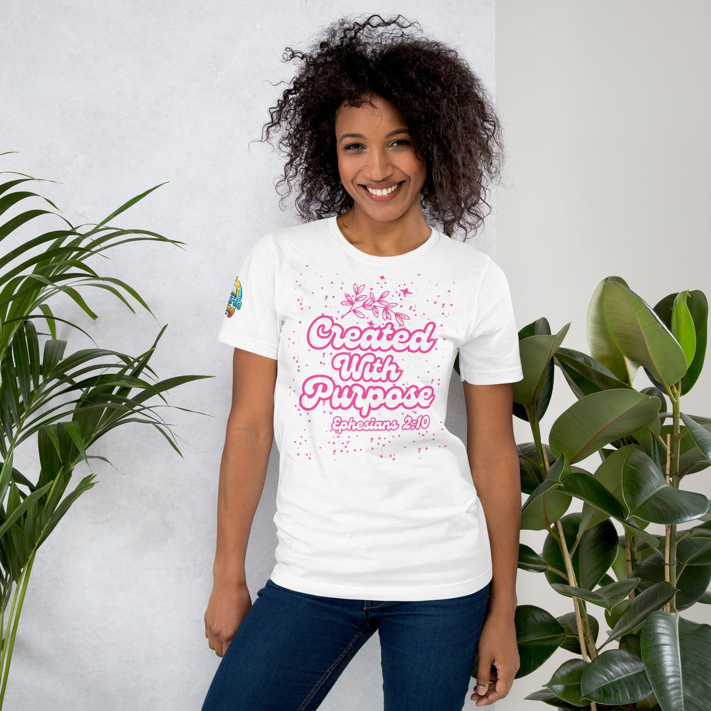 Person wearing a Created with Purpose unisex Christian t-shirt – scripture-inspired faith-based apparel, white, XS–5XL by ReBirth Living
