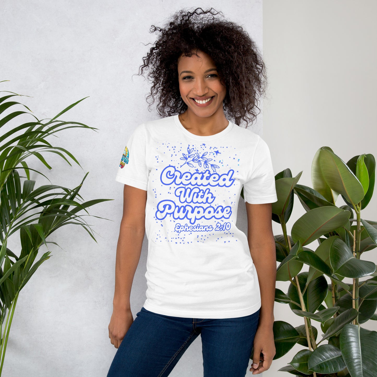 Created with Purpose unisex Christian t-shirt (XS–5XL) – Ephesians 2:10 KJV scripture design, white, faith-based apparel by ReBirth Living