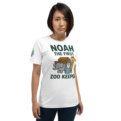 Product mockupModel wearing a Noah the First Zoo Keeper – funny Christian t-shirt, white, Bible humor animal design by ReBirth Living