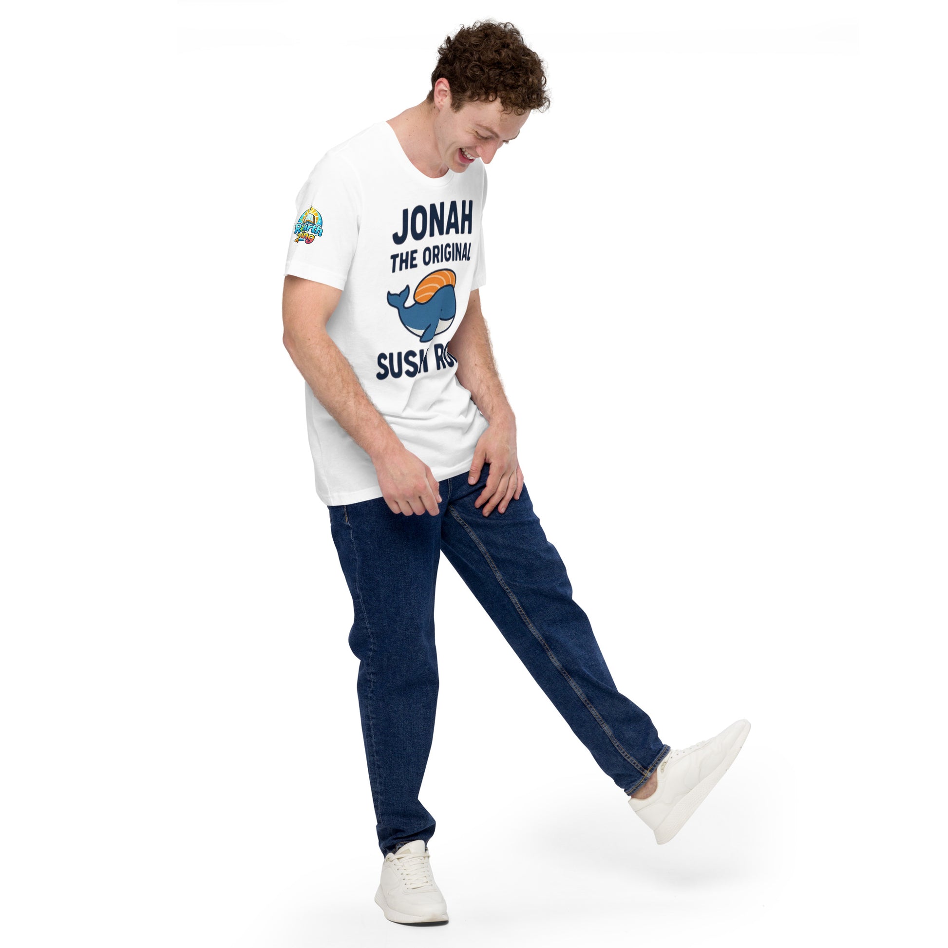 Model wearing “Jonah the Original Sushi Roll” – funny Christian unisex t-shirt, white, Bible humor design with blue whale carrying sushi by ReBirth Living