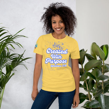 Product mocCreated with Purpose unisex Christian t-shirt (XS–5XL) – Ephesians 2:10 KJV scripture design, yellow, faith-based apparel by ReBirth Livingkup