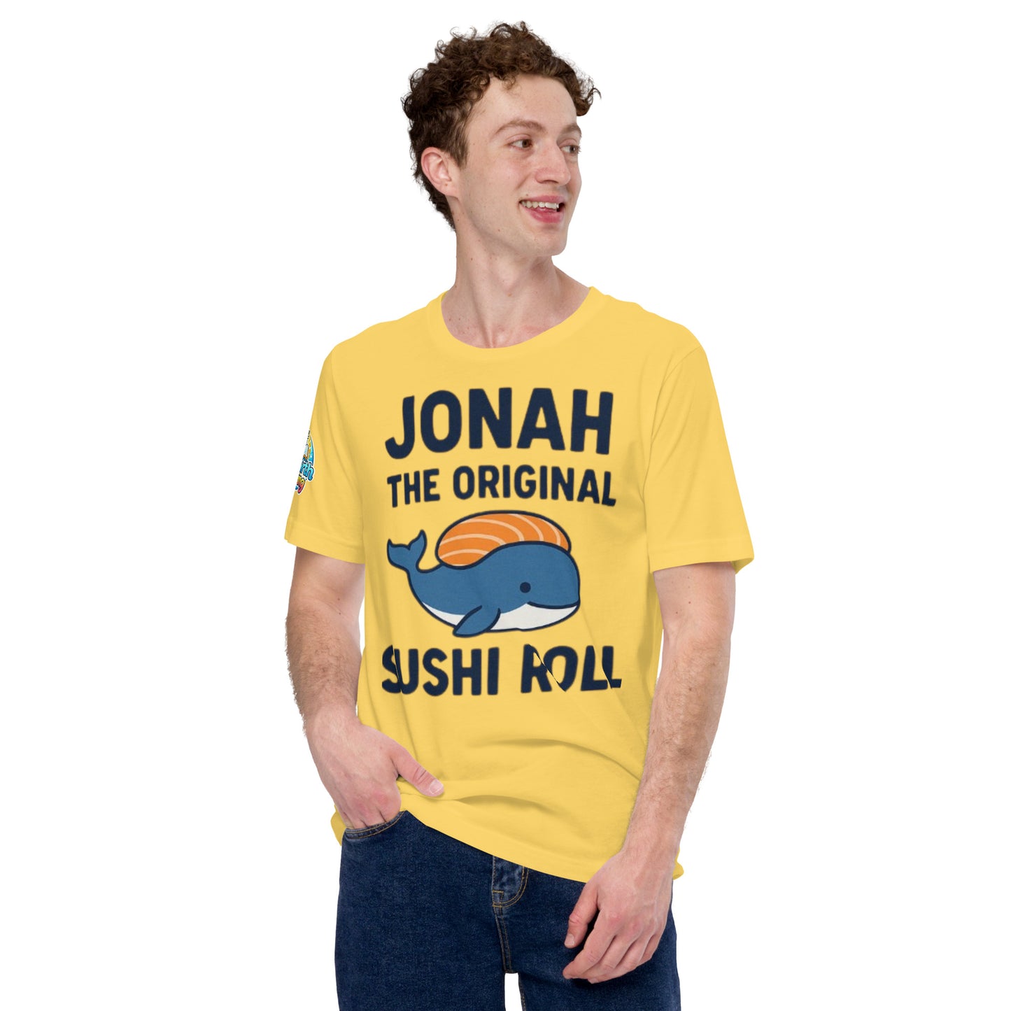 Model wearing “Jonah the Original Sushi Roll” – funny Christian unisex t-shirt, yellow, Bible humor design with blue whale carrying sushi by ReBirth Living