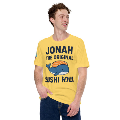 Model wearing “Jonah the Original Sushi Roll” – funny Christian unisex t-shirt, yellow, Bible humor design with blue whale carrying sushi by ReBirth Living